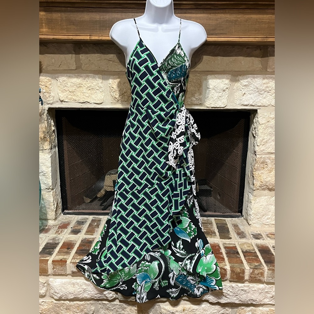 Diane Von Furstenberg Katsia Sleeveless Wrap Midi Dress Green Black Size 8 - Picture 2 of 12